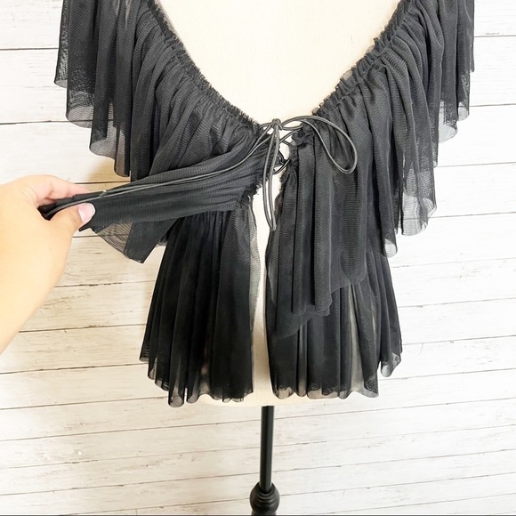 Black Off the Shoulder Lace Up Tulle Layered Blouse Size Small - Picture 6 of 8